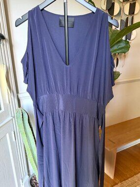 No. 6 long open shoulder purple/blue silk dress with belt - size 2 (M)